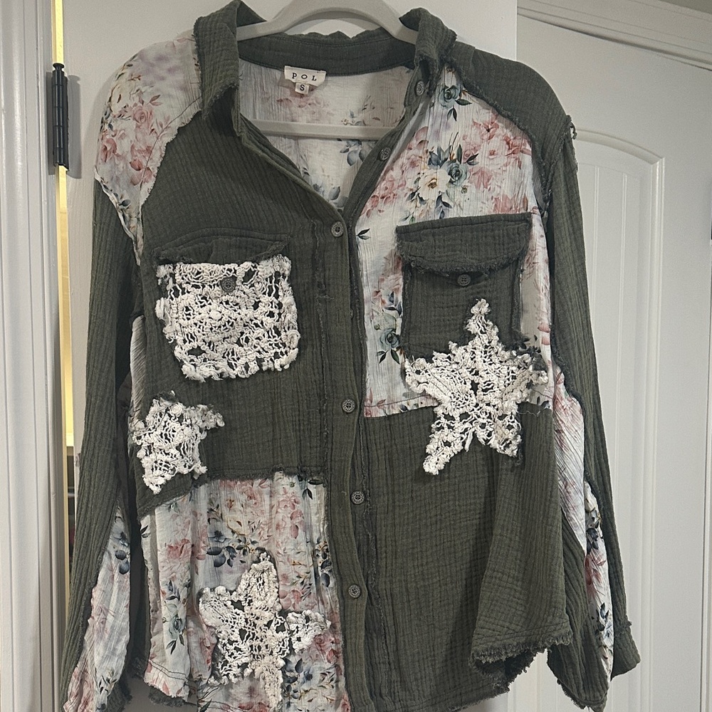POL patchwork button up top